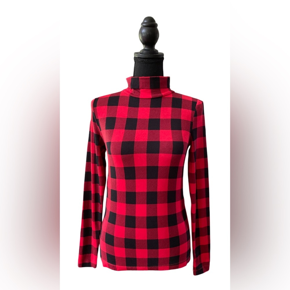 LOFT Red and Black Plaid Long Sleeve Turtle Neck Top